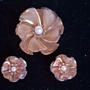 Vintage Mesh Pearl Brooch and Earring SET